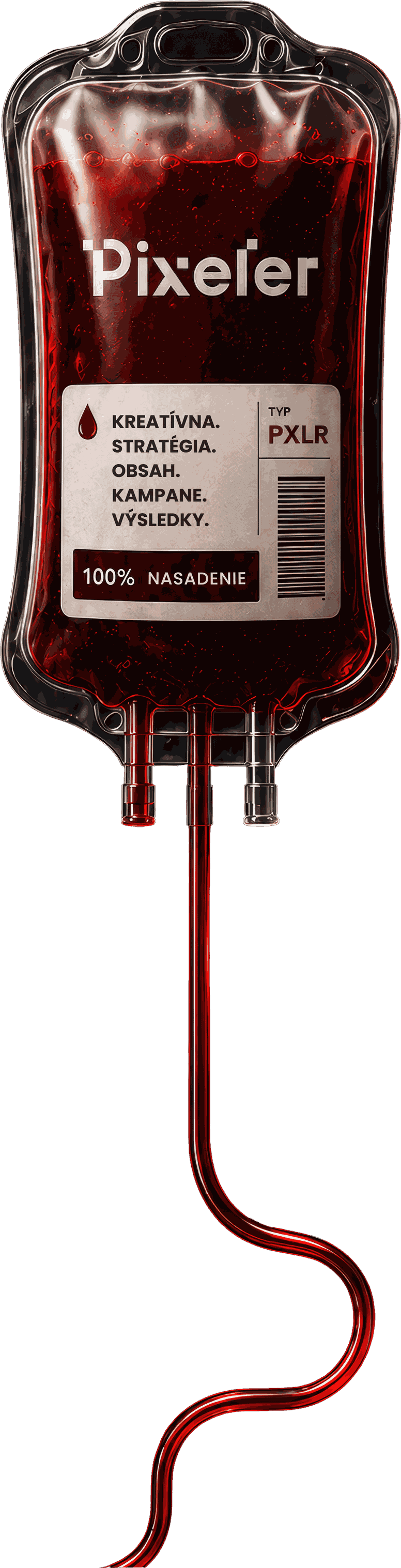 PXLR-branded blood bag with a long transfusion tube